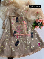 SKIRT SET IN ORGANZA BEIGE | GOTA PATTI ZARDOSHI HANDWORK WORK 3 PC BEIGE LEHENGA KURTA DUPATTA SET OR353513