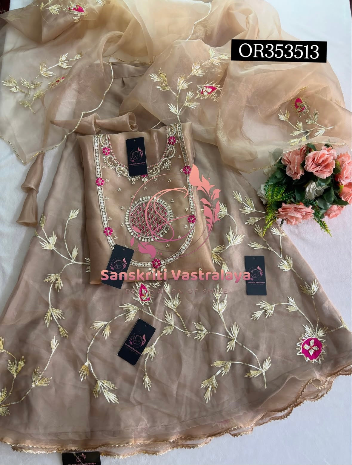 SKIRT SET IN ORGANZA BEIGE | GOTA PATTI ZARDOSHI HANDWORK WORK 3 PC BEIGE LEHENGA KURTA DUPATTA SET OR353513