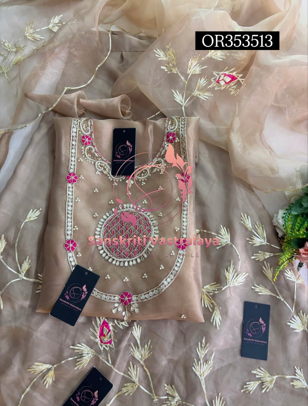 SKIRT SET IN ORGANZA BEIGE | GOTA PATTI ZARDOSHI HANDWORK WORK 3 PC BEIGE LEHENGA KURTA DUPATTA SET OR353513