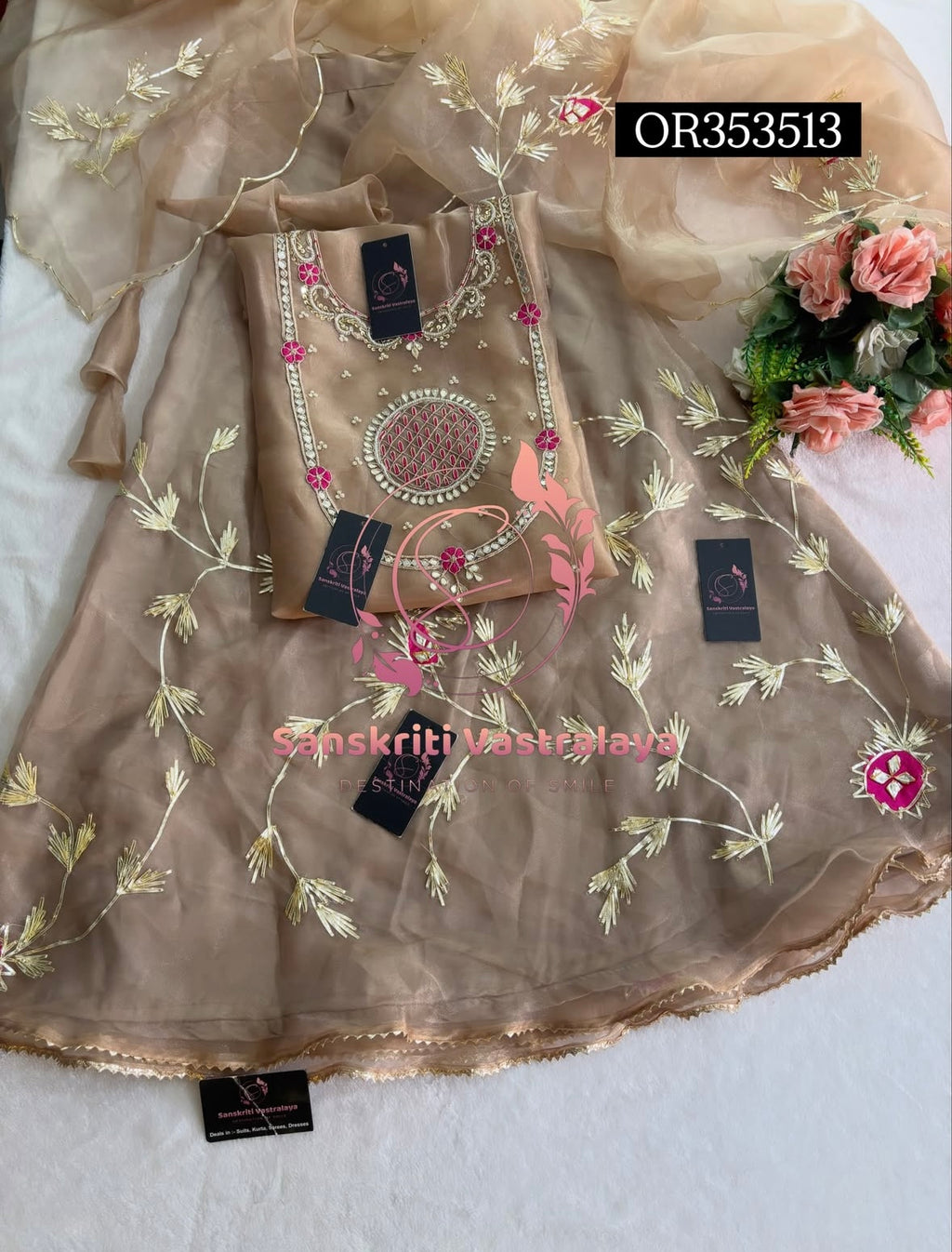 SKIRT SET IN ORGANZA BEIGE | GOTA PATTI ZARDOSHI HANDWORK WORK 3 PC BEIGE LEHENGA KURTA DUPATTA SET OR353513