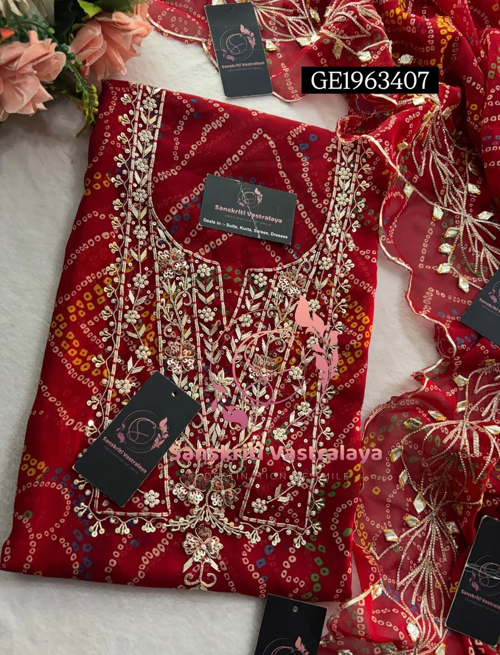 GEORGETTE Zardozi Handwork 3pc RED  UNSTICHED Suit jaipuri GOTA PATTI  GE1963407