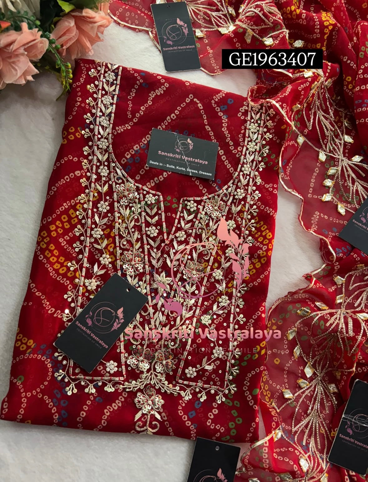 GEORGETTE Zardozi Handwork 3pc RED  UNSTICHED Suit jaipuri GOTA PATTI  GE1963407
