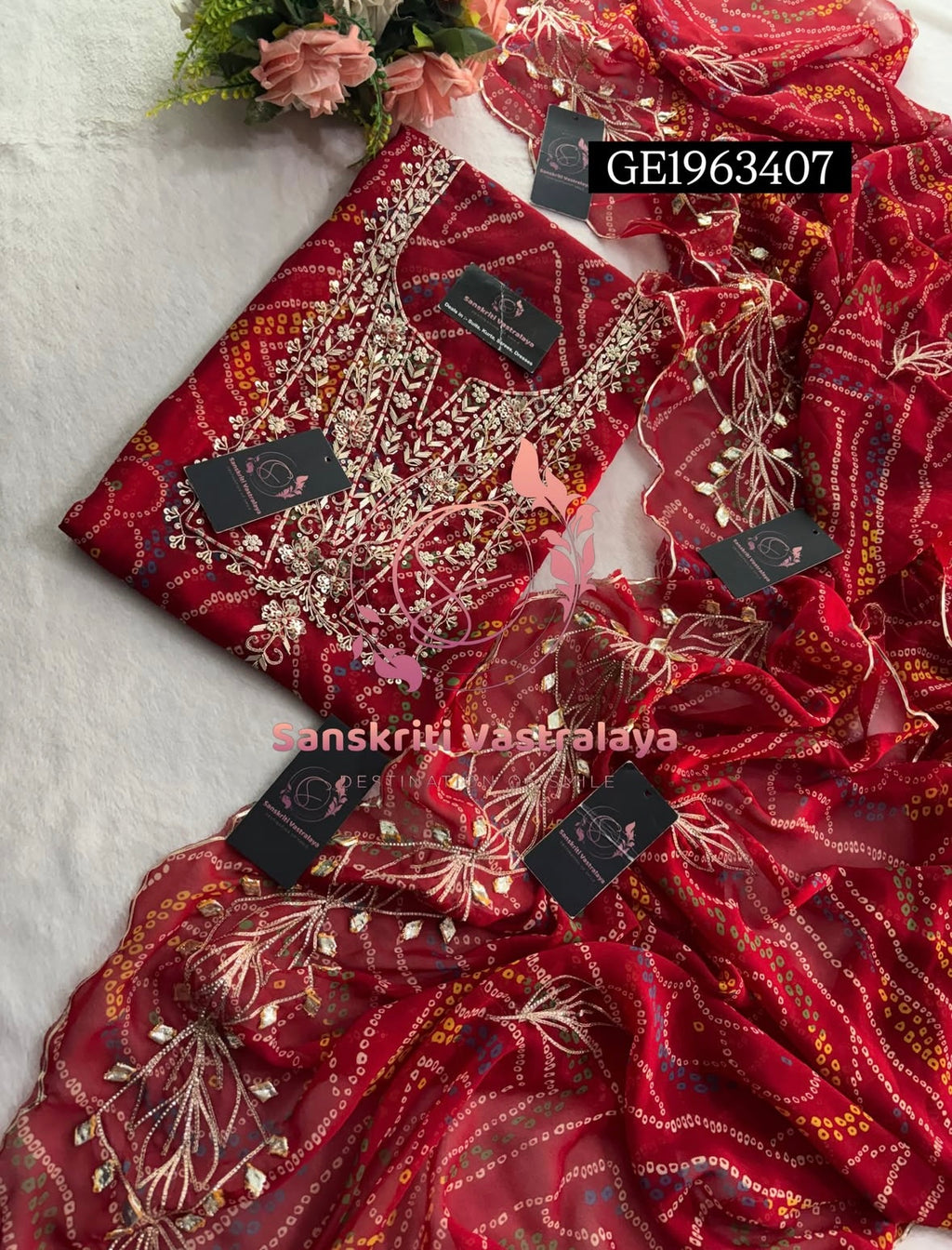 GEORGETTE Zardozi Handwork 3pc RED  UNSTICHED Suit jaipuri GOTA PATTI  GE1963407