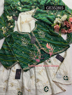 LEHENGA SKIRT BLOUSE JACKET SET  | GOTA PATTI ZARDOSHI HANDWORK WORK 3 PC OFFWHITE IVORY GREEN LEHENGA BLOUSE JACKET DUPATTA SET GE352815