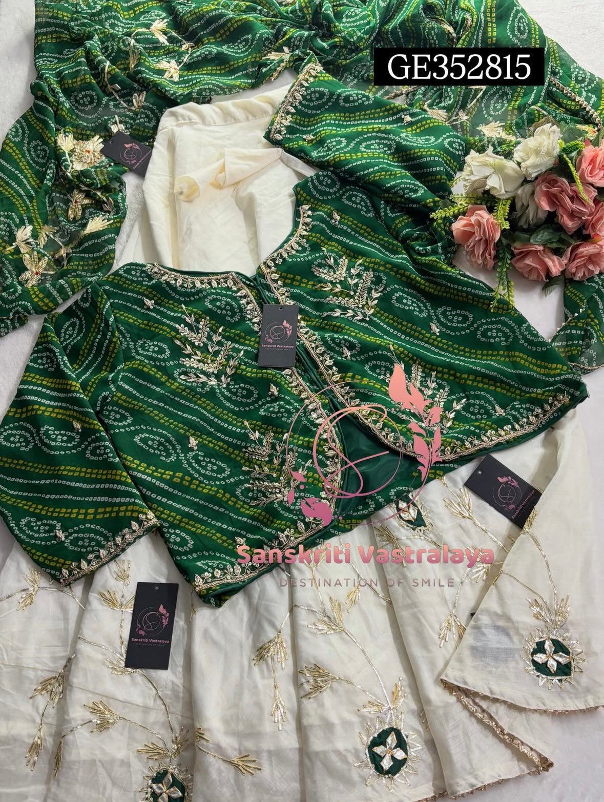 LEHENGA SKIRT BLOUSE JACKET SET  | GOTA PATTI ZARDOSHI HANDWORK WORK 3 PC OFFWHITE IVORY GREEN LEHENGA BLOUSE JACKET DUPATTA SET GE352815