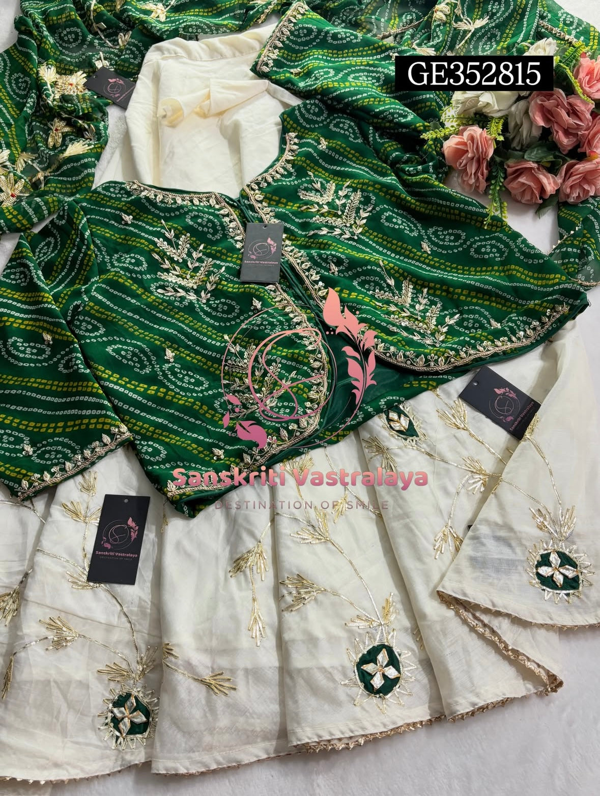 LEHENGA SKIRT BLOUSE JACKET SET  | GOTA PATTI ZARDOSHI HANDWORK WORK 3 PC OFFWHITE IVORY GREEN LEHENGA BLOUSE JACKET DUPATTA SET GE352815
