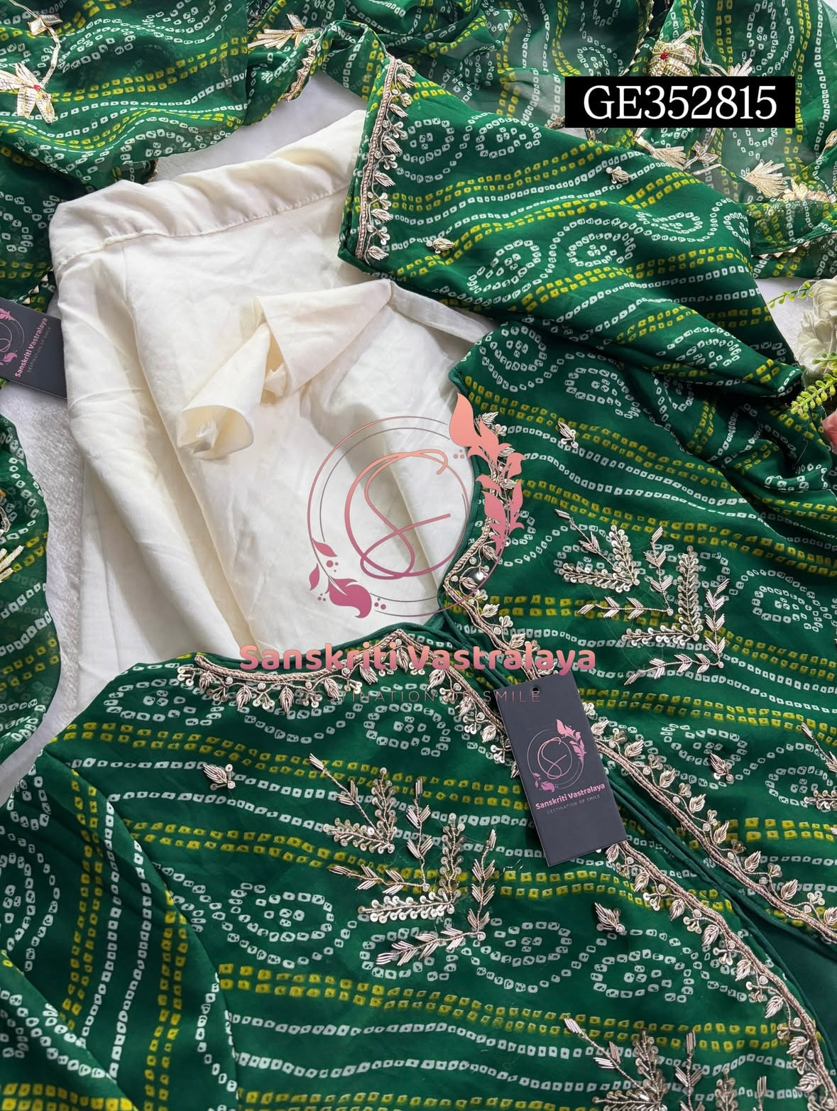 LEHENGA SKIRT BLOUSE JACKET SET  | GOTA PATTI ZARDOSHI HANDWORK WORK 3 PC OFFWHITE IVORY GREEN LEHENGA BLOUSE JACKET DUPATTA SET GE352815