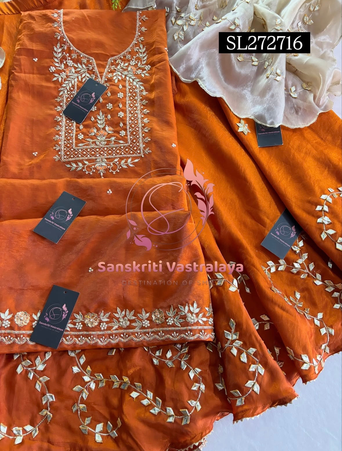 JIMMY SILK SKIRT SET RUST ORANGE  3 pc WITH ZARDOSHI HANDWORK SL272716