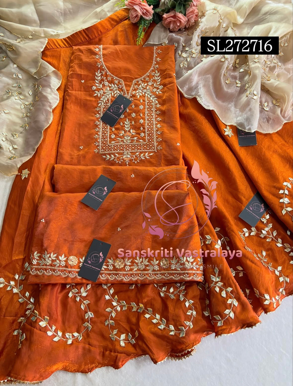 JIMMY SILK SKIRT SET RUST ORANGE  3 pc WITH ZARDOSHI HANDWORK SL272716