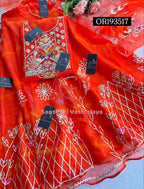 SKIRT SET IN ORGANZA| GOTA PATTI ZARDOSHI HANDWORK WORK 3 PC WINE ORANGE  LEHENGA KURTA DUPATTA SET OR193517