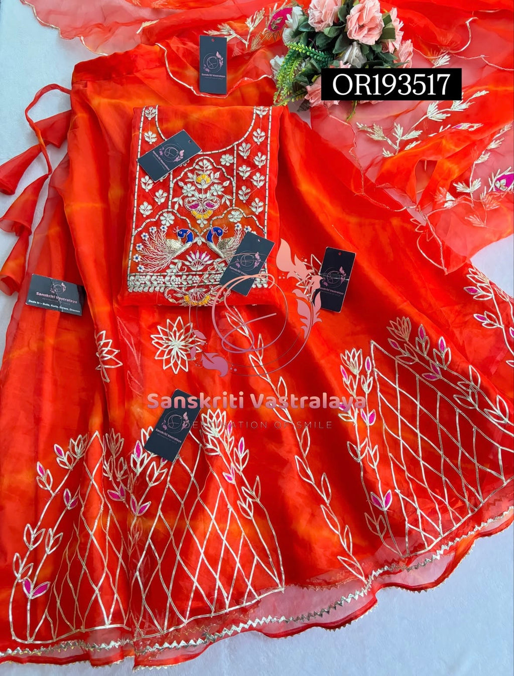 SKIRT SET IN ORGANZA| GOTA PATTI ZARDOSHI HANDWORK WORK 3 PC WINE ORANGE  LEHENGA KURTA DUPATTA SET OR193517