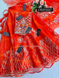 SKIRT SET IN ORGANZA| GOTA PATTI ZARDOSHI HANDWORK WORK 3 PC WINE ORANGE  LEHENGA KURTA DUPATTA SET OR193517