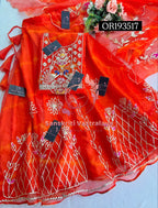 SKIRT SET IN ORGANZA| GOTA PATTI ZARDOSHI HANDWORK WORK 3 PC WINE ORANGE  LEHENGA KURTA DUPATTA SET OR193517