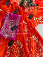 SKIRT SET IN ORGANZA| GOTA PATTI ZARDOSHI HANDWORK WORK 3 PC PINK ORANGE   LEHENGA KURTA DUPATTA SET OR193518