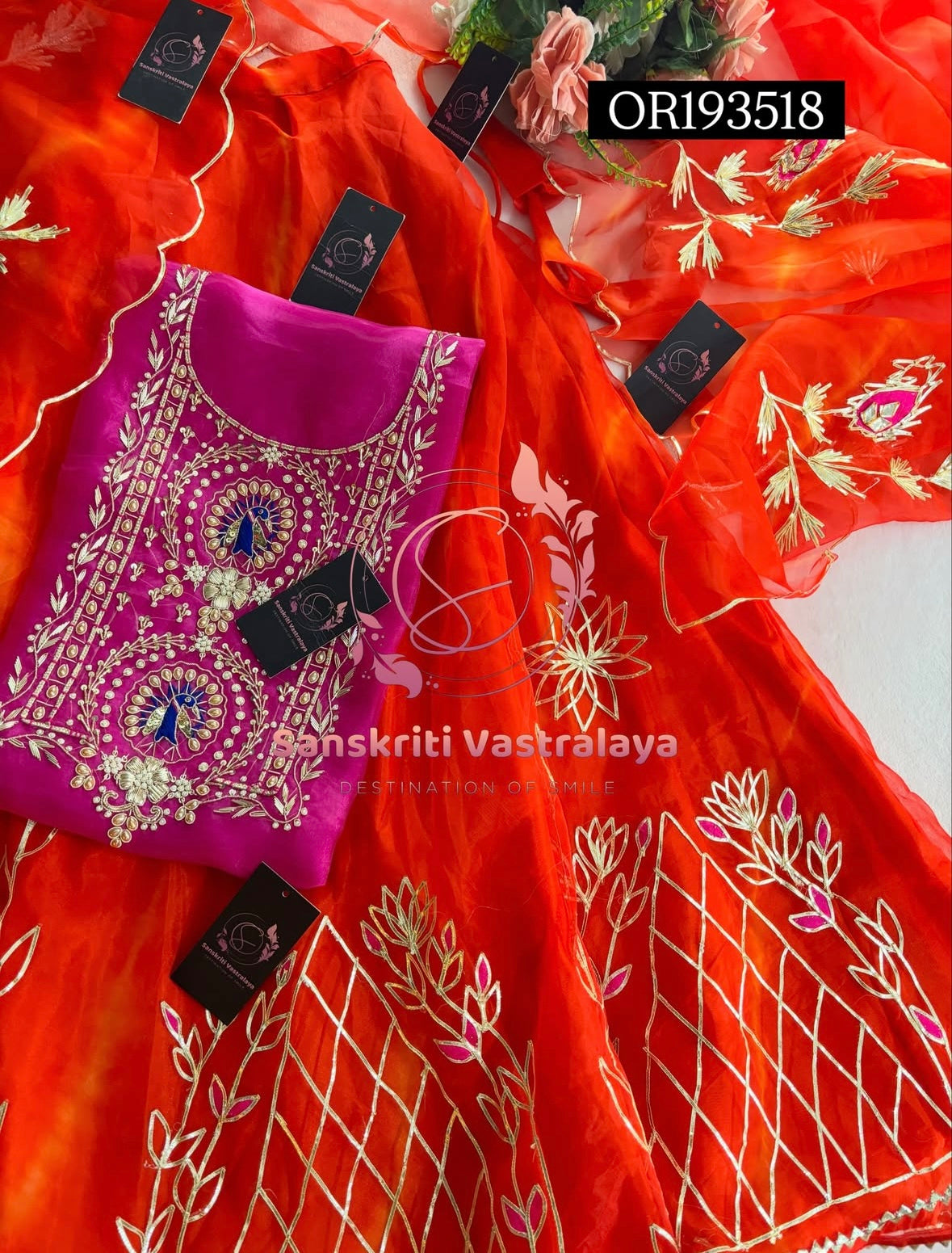 SKIRT SET IN ORGANZA| GOTA PATTI ZARDOSHI HANDWORK WORK 3 PC PINK ORANGE   LEHENGA KURTA DUPATTA SET OR193518