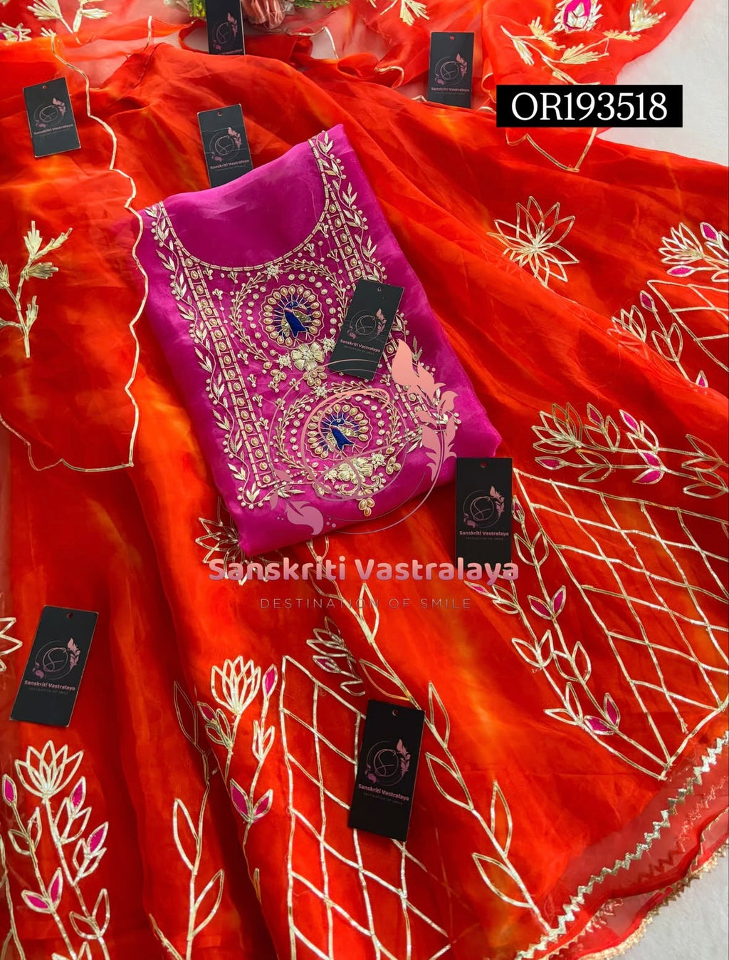 SKIRT SET IN ORGANZA| GOTA PATTI ZARDOSHI HANDWORK WORK 3 PC PINK ORANGE   LEHENGA KURTA DUPATTA SET OR193518