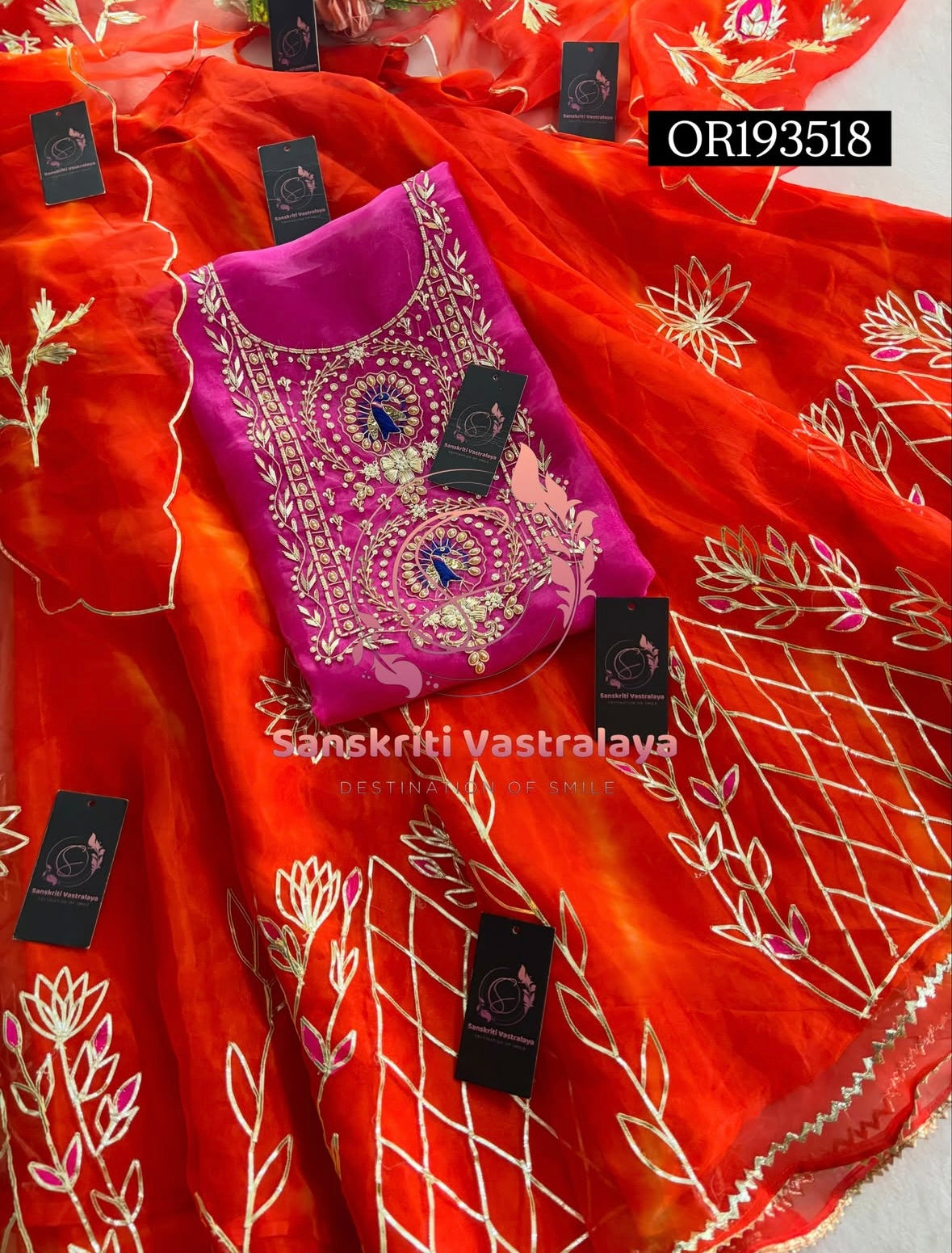 SKIRT SET IN ORGANZA| GOTA PATTI ZARDOSHI HANDWORK WORK 3 PC PINK ORANGE   LEHENGA KURTA DUPATTA SET OR193518