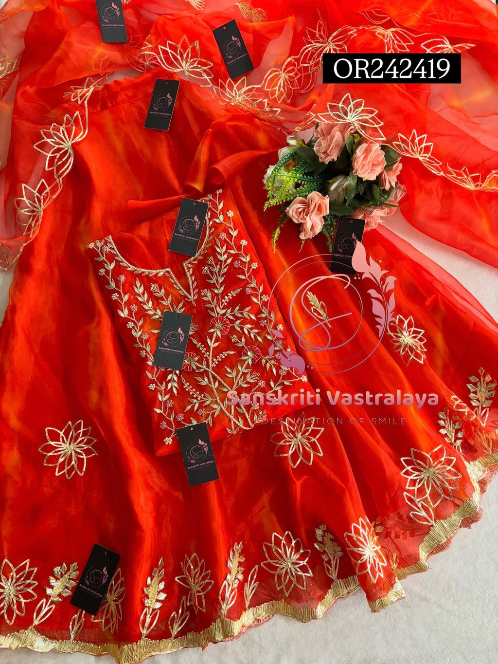 SKIRT SET IN ORGANZA| GOTA PATTI ZARDOSHI HANDWORK WORK 3 PC ORANGE  LEHENGA KURTA DUPATTA SET OR242419