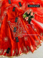 SKIRT SET IN ORGANZA| GOTA PATTI ZARDOSHI HANDWORK WORK 3 PC ORANGE  LEHENGA KURTA DUPATTA SET OR242419