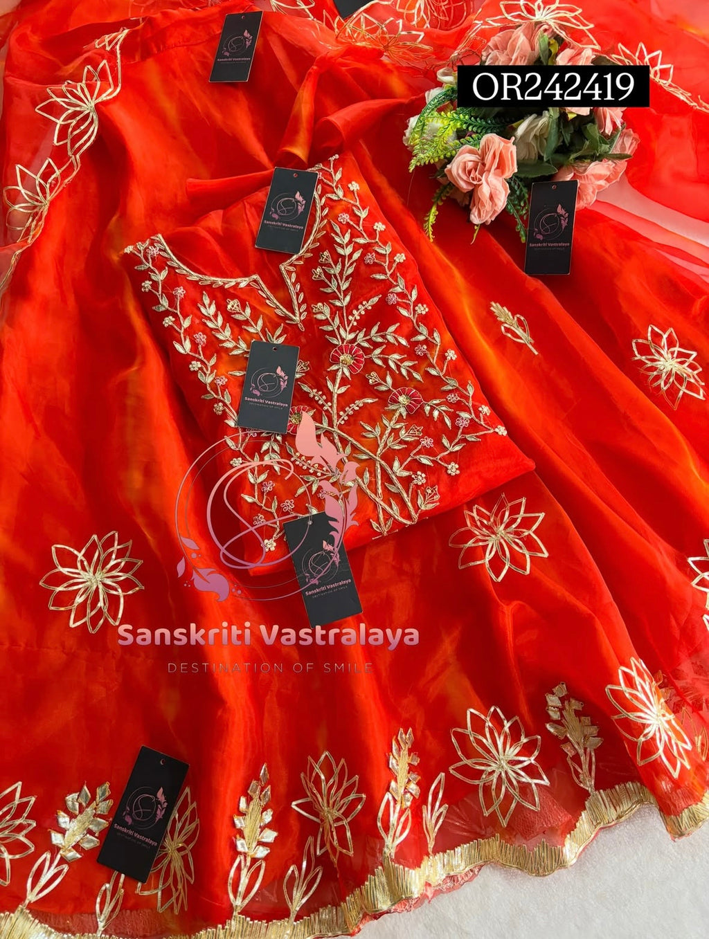SKIRT SET IN ORGANZA| GOTA PATTI ZARDOSHI HANDWORK WORK 3 PC ORANGE  LEHENGA KURTA DUPATTA SET OR242419