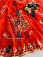 SKIRT SET IN ORGANZA| GOTA PATTI ZARDOSHI HANDWORK WORK 3 PC ORANGE  LEHENGA KURTA DUPATTA SET OR242419