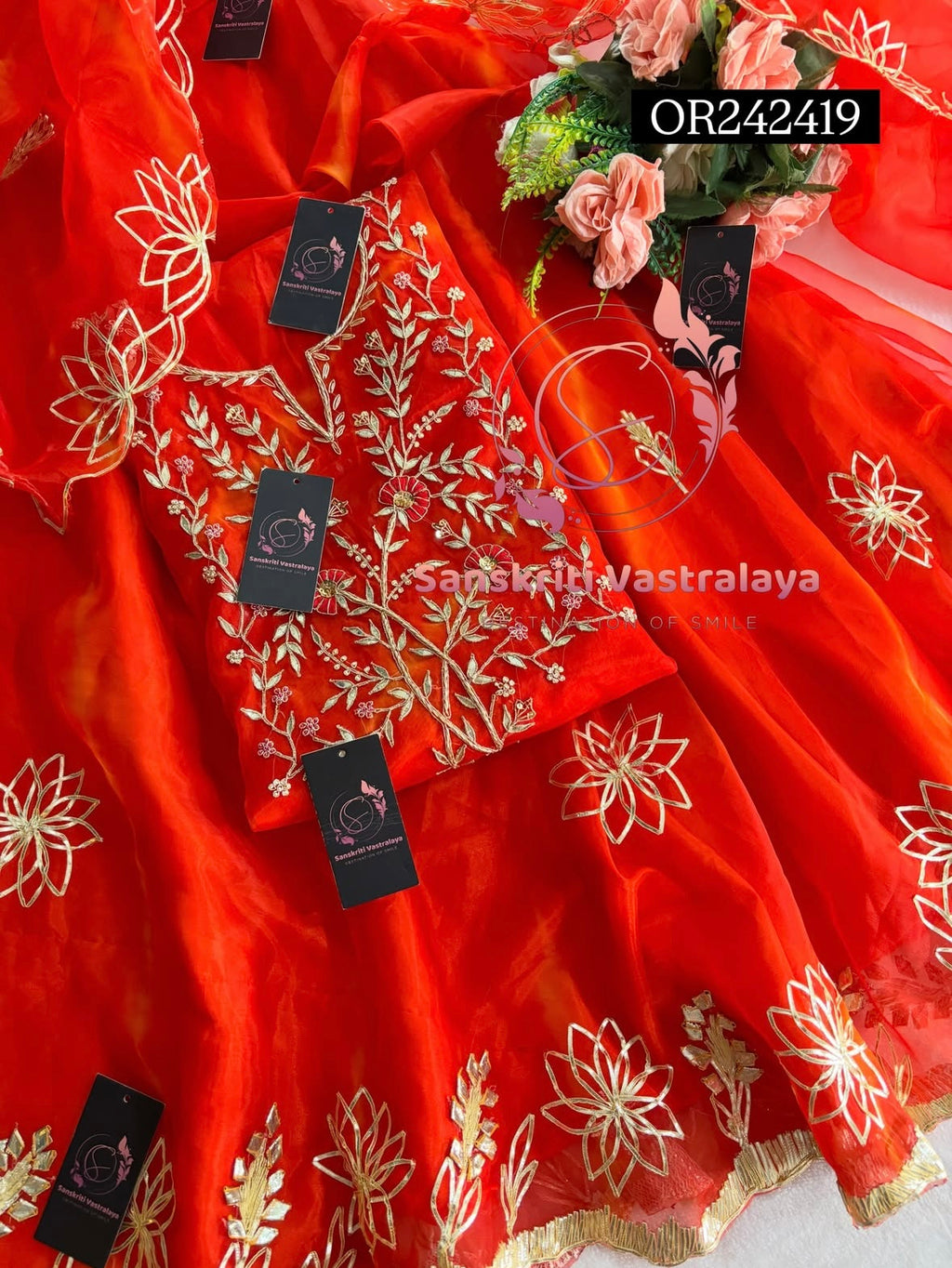 SKIRT SET IN ORGANZA| GOTA PATTI ZARDOSHI HANDWORK WORK 3 PC ORANGE  LEHENGA KURTA DUPATTA SET OR242419