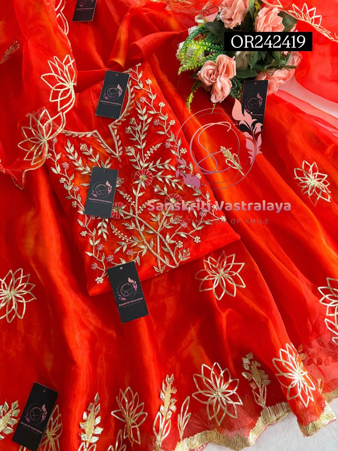 SKIRT SET IN ORGANZA| GOTA PATTI ZARDOSHI HANDWORK WORK 3 PC ORANGE  LEHENGA KURTA DUPATTA SET OR242419