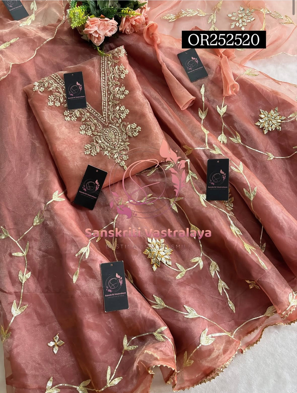 SKIRT SET IN RUST | GOTA PATTI ZARDOSHI HANDWORK WORK 3 PC RUST ORANGE  LEHENGA KURTA DUPATTA SET OR252520