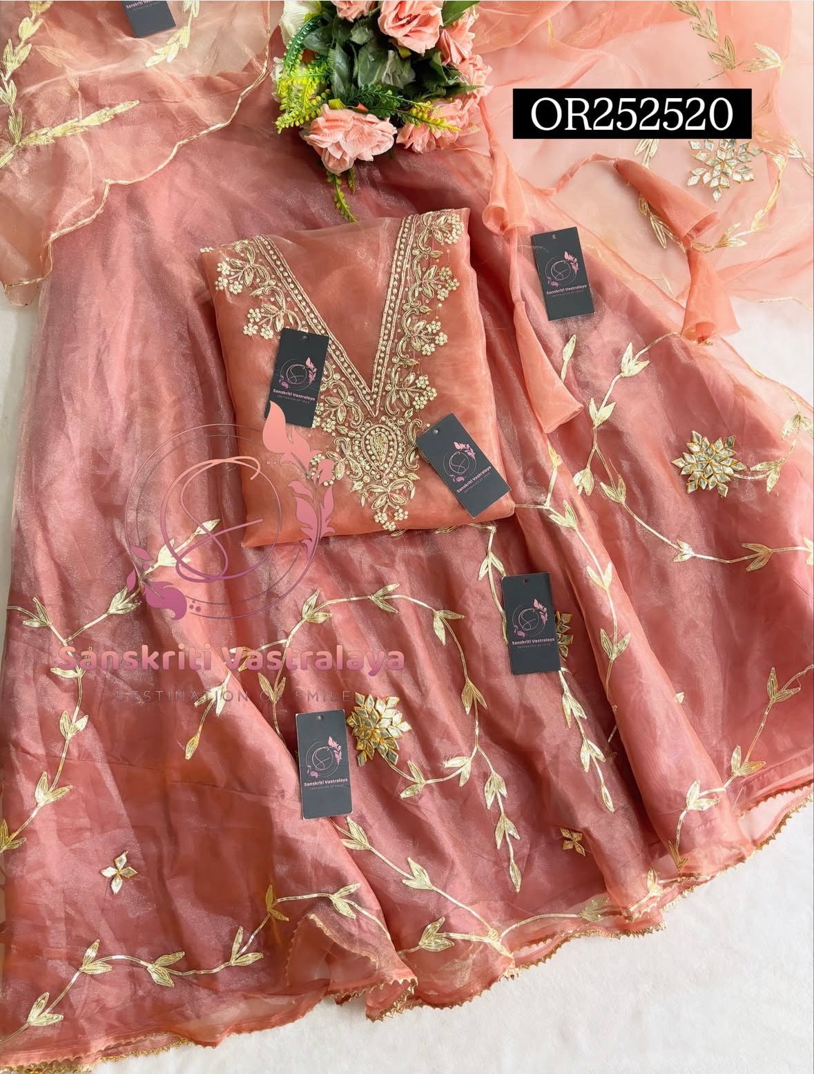 SKIRT SET IN RUST | GOTA PATTI ZARDOSHI HANDWORK WORK 3 PC RUST ORANGE  LEHENGA KURTA DUPATTA SET OR252520