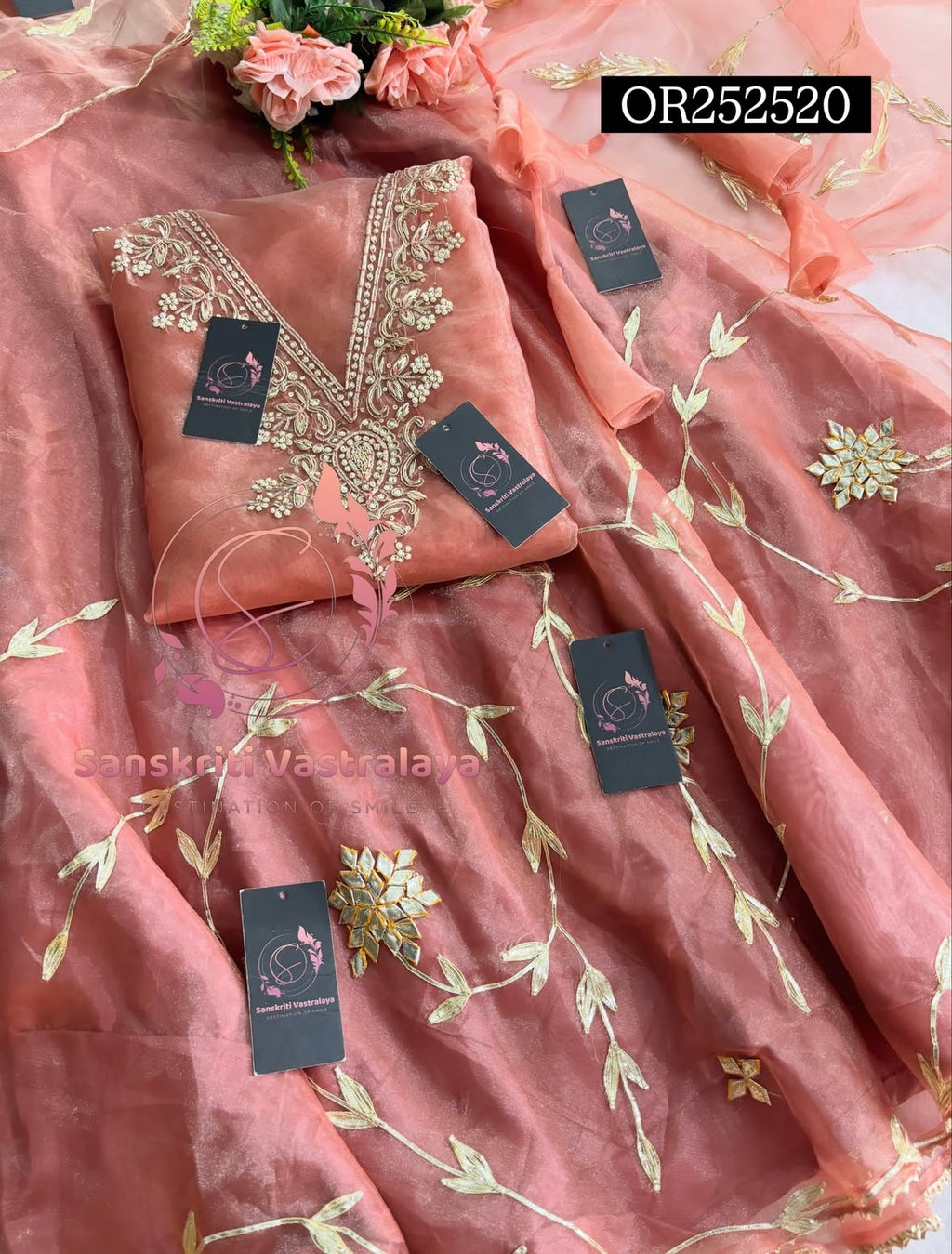SKIRT SET IN RUST | GOTA PATTI ZARDOSHI HANDWORK WORK 3 PC RUST ORANGE  LEHENGA KURTA DUPATTA SET OR252520