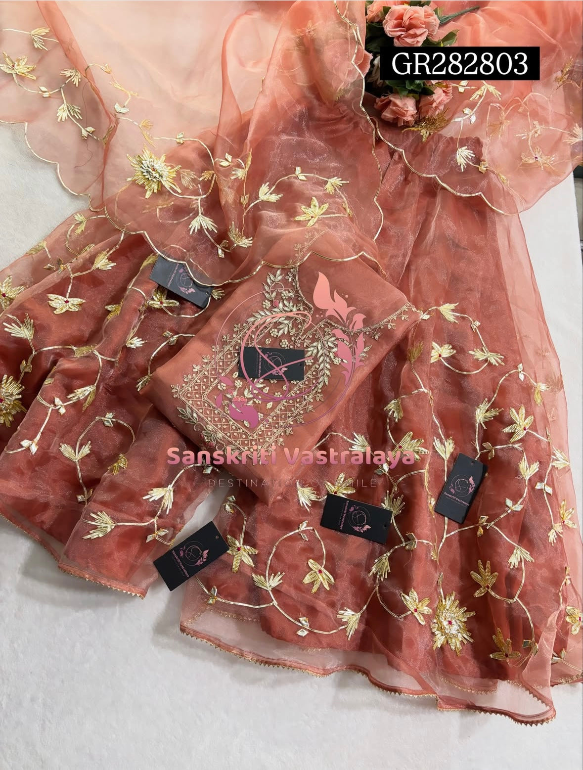 GHARARA  SET IN BEIGE  | GOTA PATTI ZARDOSHI HANDWORK WORK 3 PC ORGANZA GHARARA GR282803