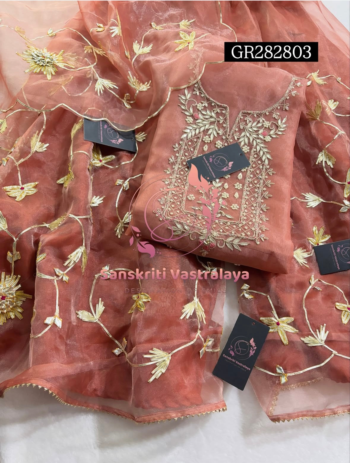 GHARARA  SET IN BEIGE  | GOTA PATTI ZARDOSHI HANDWORK WORK 3 PC ORGANZA GHARARA GR282803