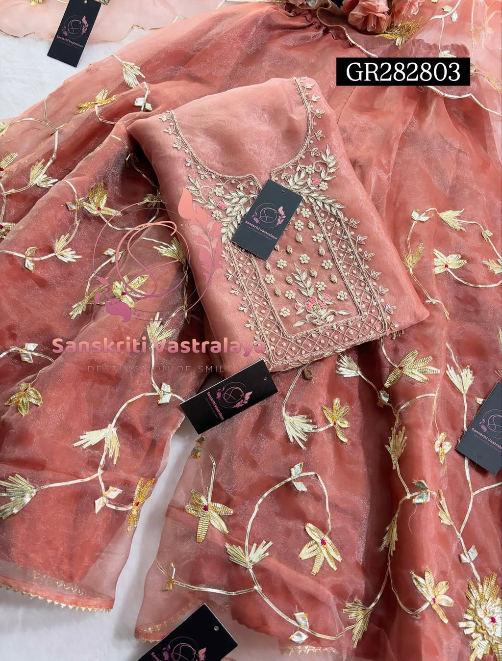 GHARARA  SET IN BEIGE  | GOTA PATTI ZARDOSHI HANDWORK WORK 3 PC ORGANZA GHARARA GR282803