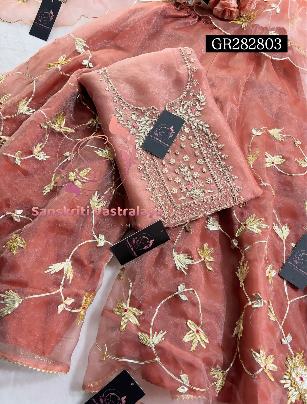 GHARARA  SET IN BEIGE  | GOTA PATTI ZARDOSHI HANDWORK WORK 3 PC ORGANZA GHARARA GR282803
