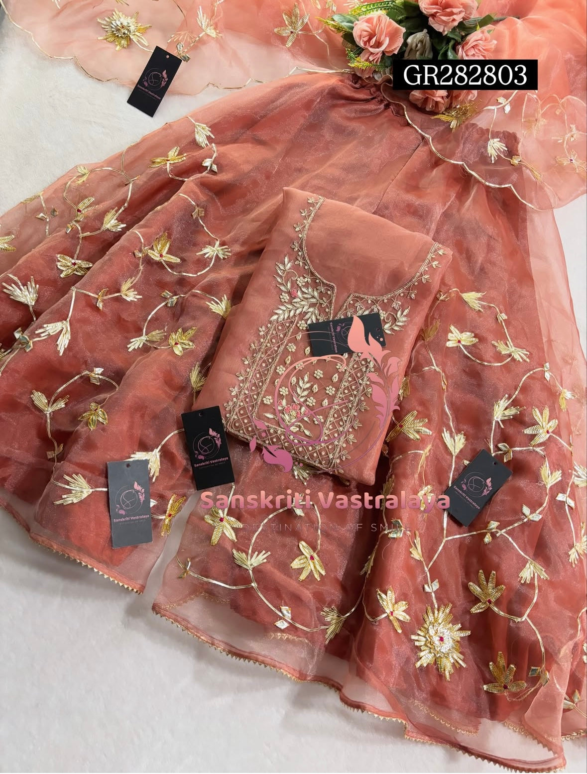 GHARARA  SET IN BEIGE  | GOTA PATTI ZARDOSHI HANDWORK WORK 3 PC ORGANZA GHARARA GR282803