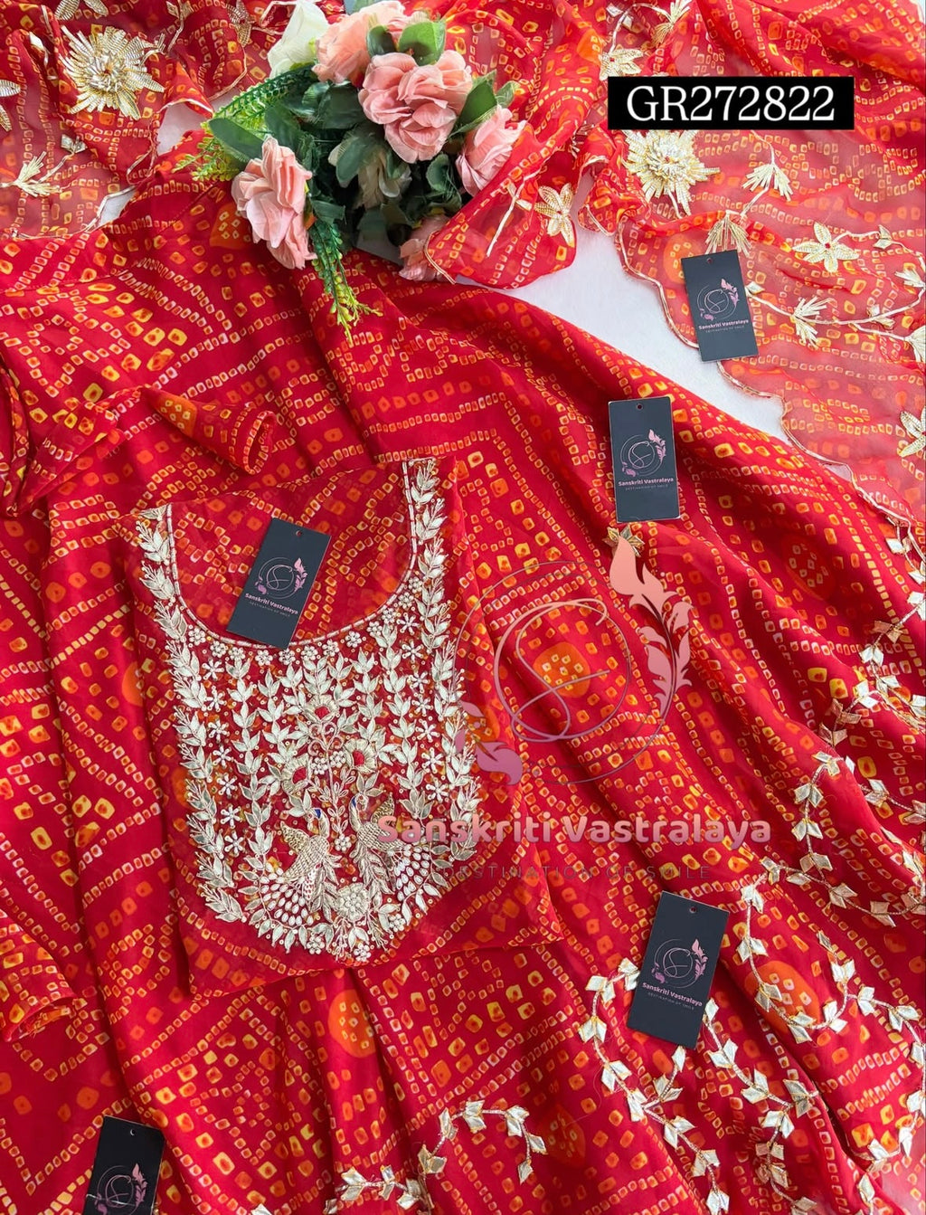 SKIRT SET IN GEORGETTE BANDHEJ  | GOTA PATTI ZARDOSHI HANDWORK WORK 3 PC RED BANDHEJ LEHENGA KURTA DUPATTA SET GR272822