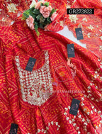 SKIRT SET IN GEORGETTE BANDHEJ  | GOTA PATTI ZARDOSHI HANDWORK WORK 3 PC RED BANDHEJ LEHENGA KURTA DUPATTA SET GR272822