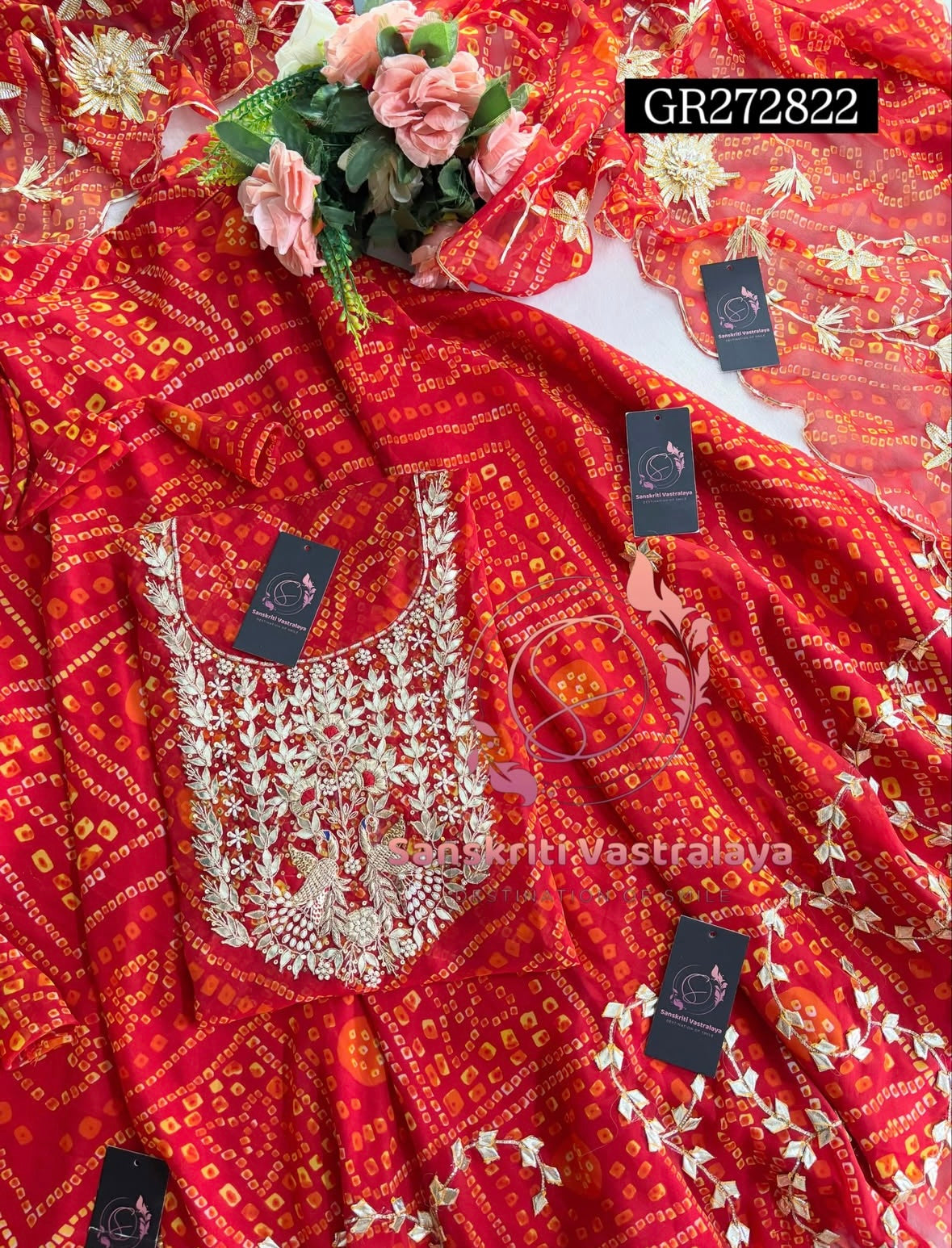 SKIRT SET IN GEORGETTE BANDHEJ  | GOTA PATTI ZARDOSHI HANDWORK WORK 3 PC RED BANDHEJ LEHENGA KURTA DUPATTA SET GR272822
