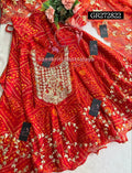 SKIRT SET IN GEORGETTE BANDHEJ  | GOTA PATTI ZARDOSHI HANDWORK WORK 3 PC RED BANDHEJ LEHENGA KURTA DUPATTA SET GR272822