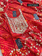 SKIRT SET IN GEORGETTE BANDHEJ  | GOTA PATTI ZARDOSHI HANDWORK WORK 3 PC RED BANDHEJ LEHENGA KURTA DUPATTA SET GR272822