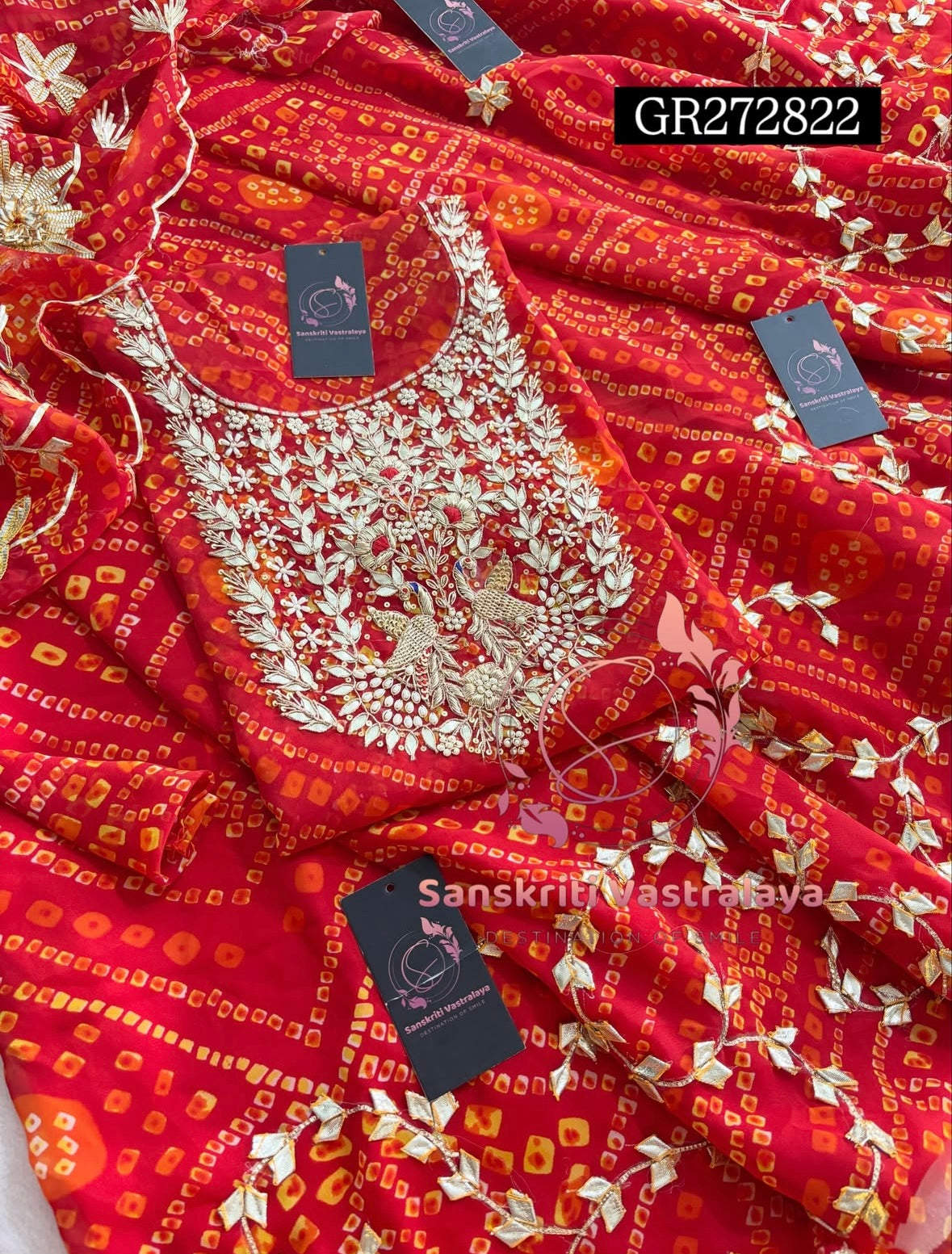 SKIRT SET IN GEORGETTE BANDHEJ  | GOTA PATTI ZARDOSHI HANDWORK WORK 3 PC RED BANDHEJ LEHENGA KURTA DUPATTA SET GR272822