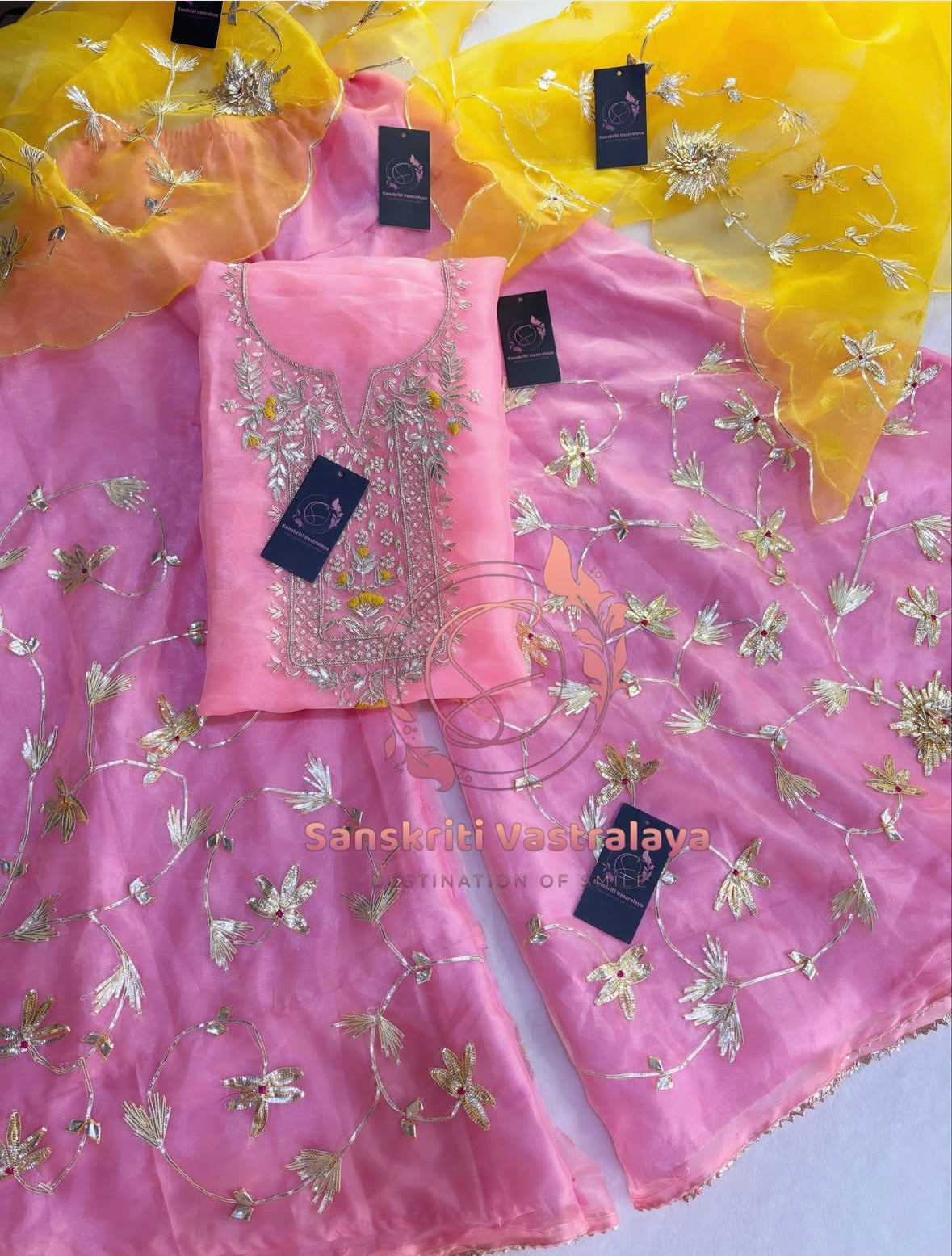 GHARARA  SET IN BABYPINK | GOTA PATTI ZARDOSHI HANDWORK WORK 3 PC BABYPINK ORGANZA GHARARA GR282804