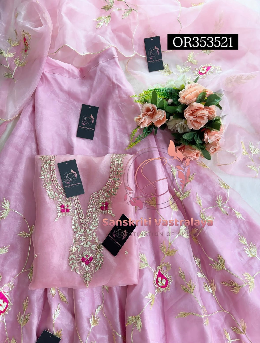 SKIRT SET IN BABYPINK ONION | GOTA PATTI ZARDOSHI HANDWORK WORK 3 PC  BABYPINK  LEHENGA KURTA DUPATTA SET OR353521