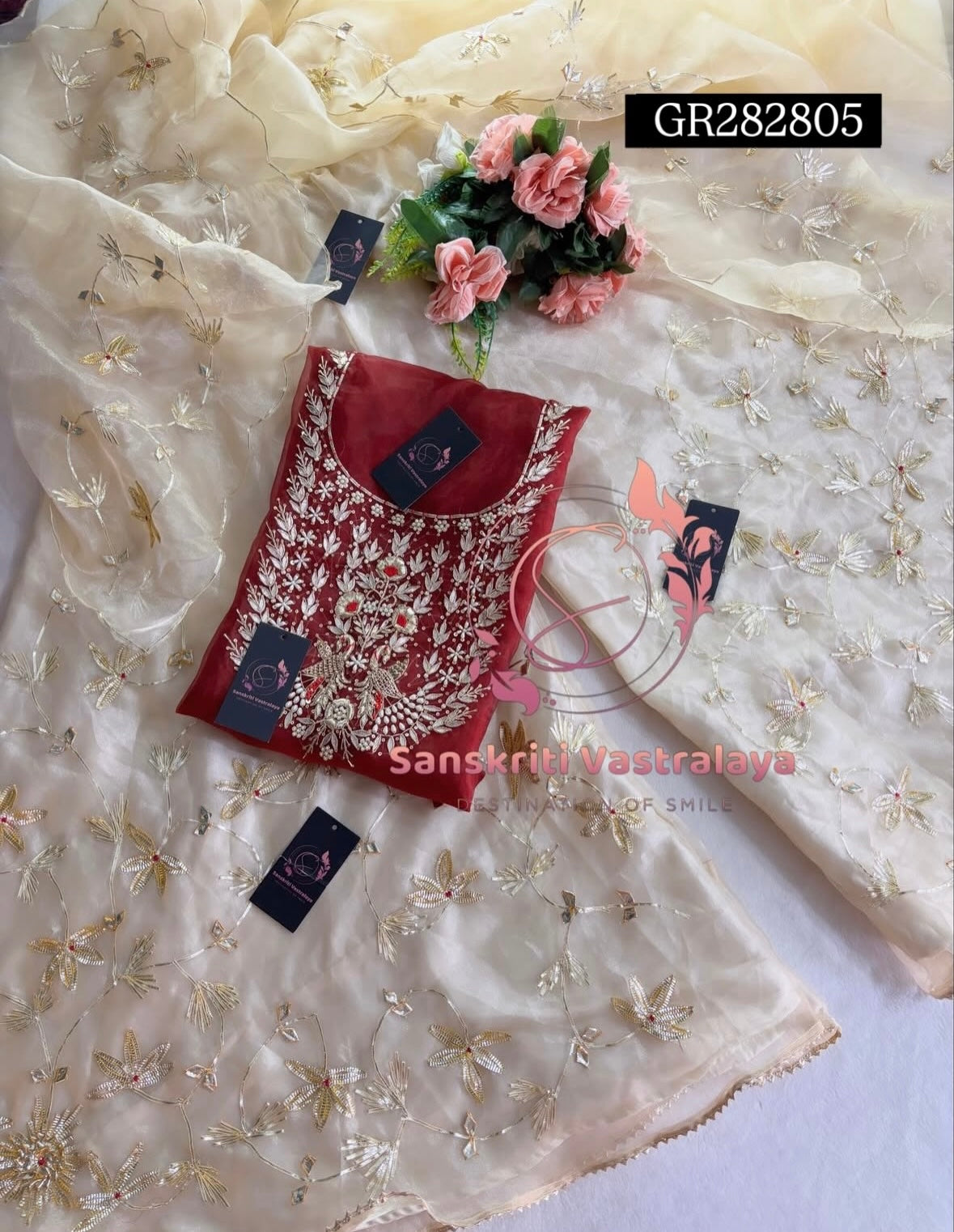 GHARARA  SET IN BEIGE MEHROON | GOTA PATTI ZARDOSHI HANDWORK WORK 3 PC BEIGE ORGANZA GHARARA GR282805