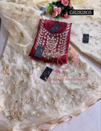 GHARARA  SET IN BEIGE MEHROON | GOTA PATTI ZARDOSHI HANDWORK WORK 3 PC BEIGE ORGANZA GHARARA GR282805