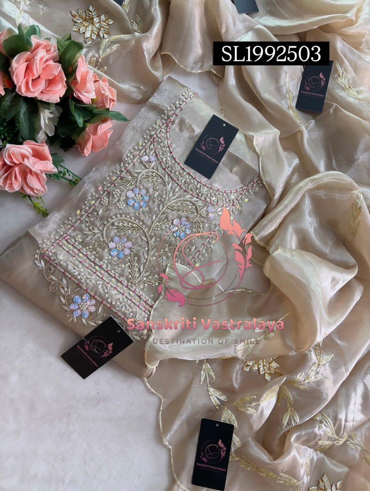 JIMMY SILK Zardogi Handwork 3pc  BEIGE  UNSTICHED Suit jaipuri GOTA PATTI SL1992503