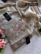 JIMMY SILK Zardogi Handwork 3pc  BEIGE  UNSTICHED Suit jaipuri GOTA PATTI SL1992503