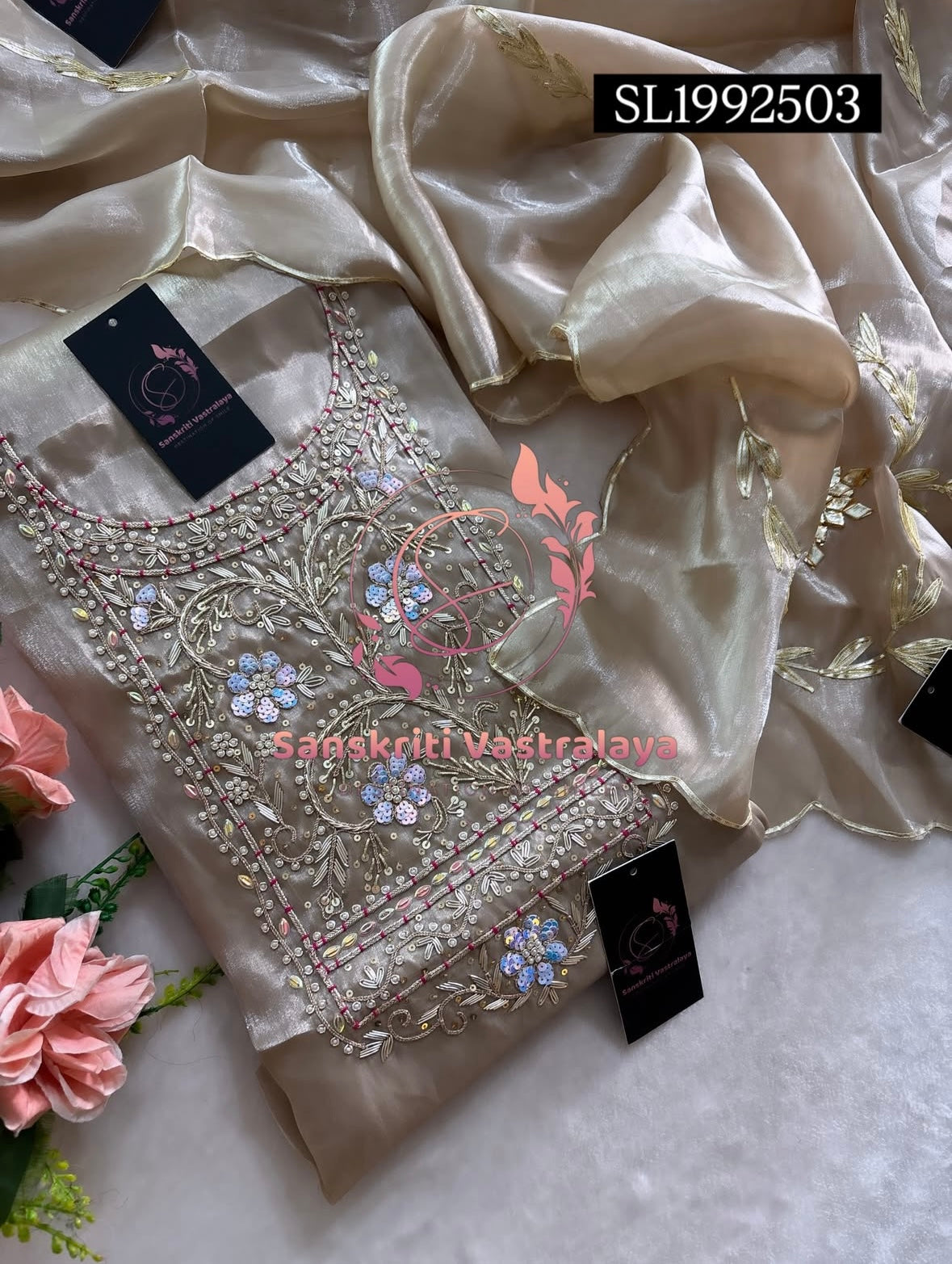 JIMMY SILK Zardogi Handwork 3pc  BEIGE  UNSTICHED Suit jaipuri GOTA PATTI SL1992503