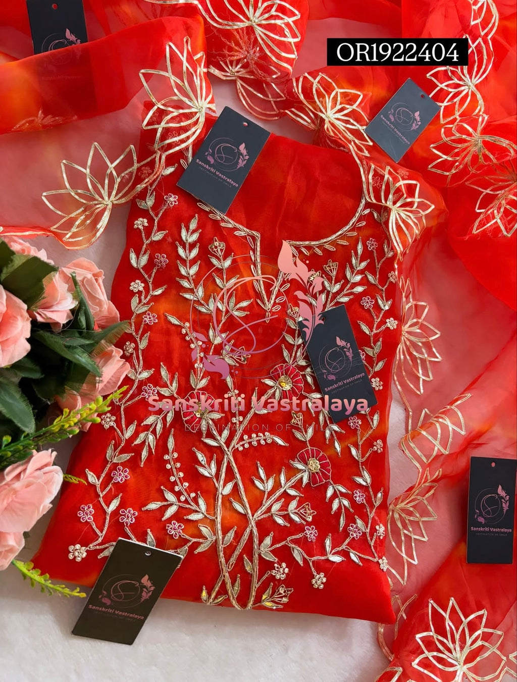 ORGANZA Zardogi Handwork 3pc DARK ORANGE UNSTICHED TIE DIE PRINT Suit jaipuri GOTA PATTI  OR1922404