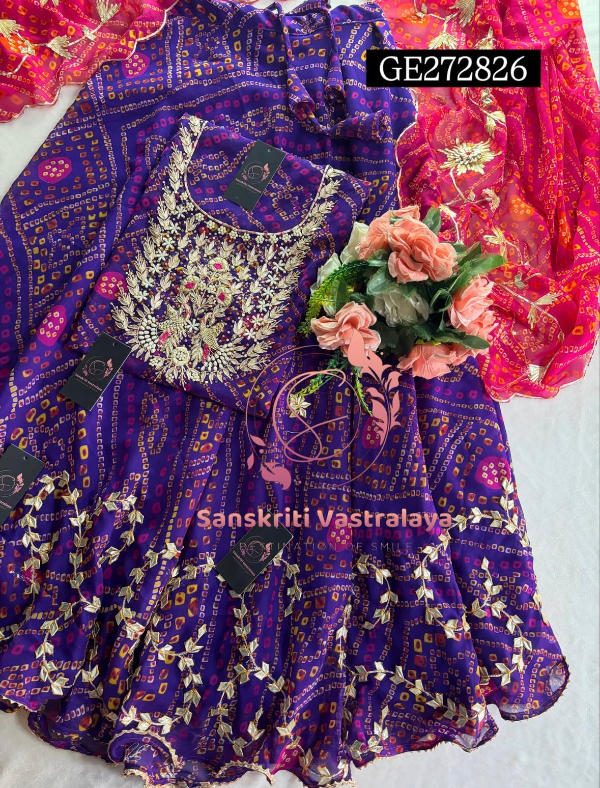 SKIRT SET IN GEORGETTE BANDHEJ  | GOTA PATTI ZARDOSHI HANDWORK WORK 3 PC PURPLE BANDHEJ LEHENGA KURTA DUPATTA SET GR272826